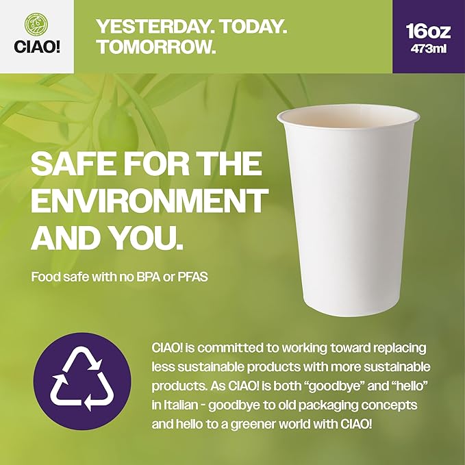 CIAO! 16oz White Paper Hot Cup, Disposable, 90mm Diameter 1,000 Count