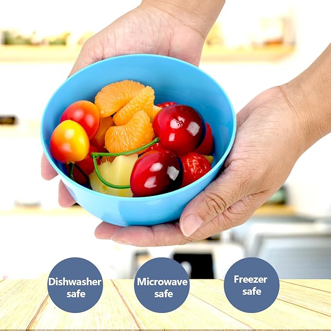 24-Pack Plastic Bowls 10 oz, Microwave & Dishwasher Safe, 6 Vibrant Colors (4 Each), Lightweight Stackable Bowls for Cereal, Salad, Soup, Snacks, Party, Camping