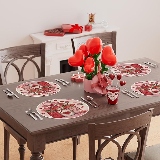 XCHI Roses Flowers Love Hearts Vase Valentine’s Day Round Placemats Set of 4 Table Mats for Party Home Kitchen Dining Table Decorations 14x14 Inch