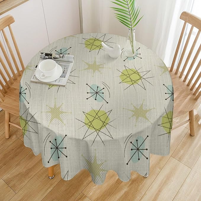 Mid Century Retro Round Tablecloth, Modern 1950s Style Abstract Geometric Vintage Print Tablecloth for Home Party Dining Room Kitchen Decor 50Inch(127cm)