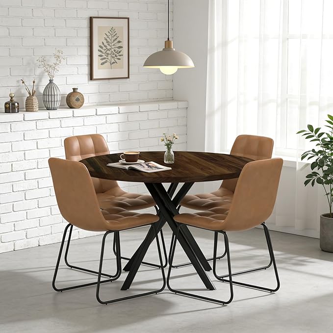 44" Round Dining Table with Cozy Chair Set for 4, Modern Mid-Century Dining Table Set of 4, Dinette Sets with Metal Leg for Kitchen Dining Room Apartment(Walnut Table + Brown Chairs)