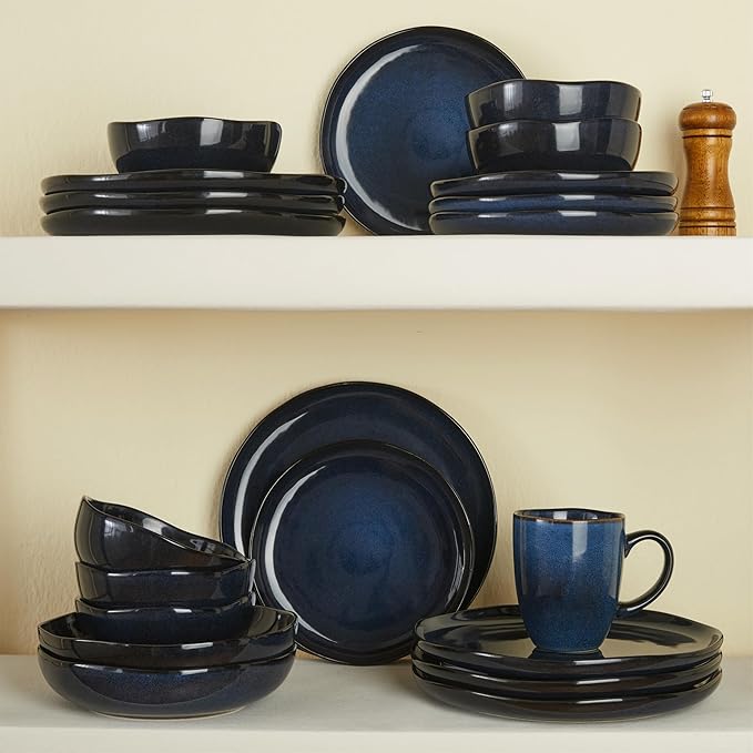 32 Piece Starry Blue Dinnerware Set with Pasta Bowls, Coastal Reactive Glaze Stoneware for 8 | Complete Serving Set for Holiday Meals, Multi‑Dish Hosting & Family Celebrations