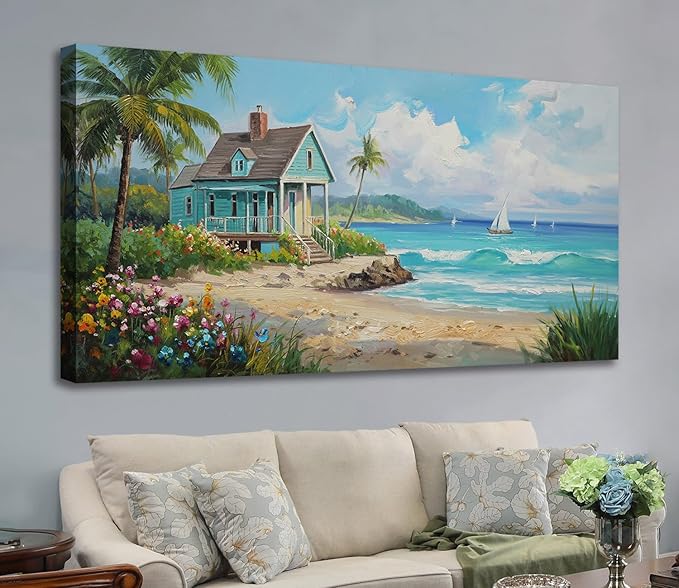 Anolyfi Tropical Canvas Wall Art for Living Room, Palm Tree Nature Coastal Seascape Painting Wall Decor Textured Artwork for Bedroom Hallway Kitchen Office Home Decor 48"x24"