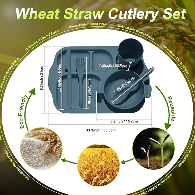 Tanlade 24 Pcs Wheat Straw Dinnerware Cutlery Sets, Divided Plates Unbreakable Bowl Microwave Dishwasher Safe Tableware Cutlery Spoon Knife Fork Cup(Dark Blue)