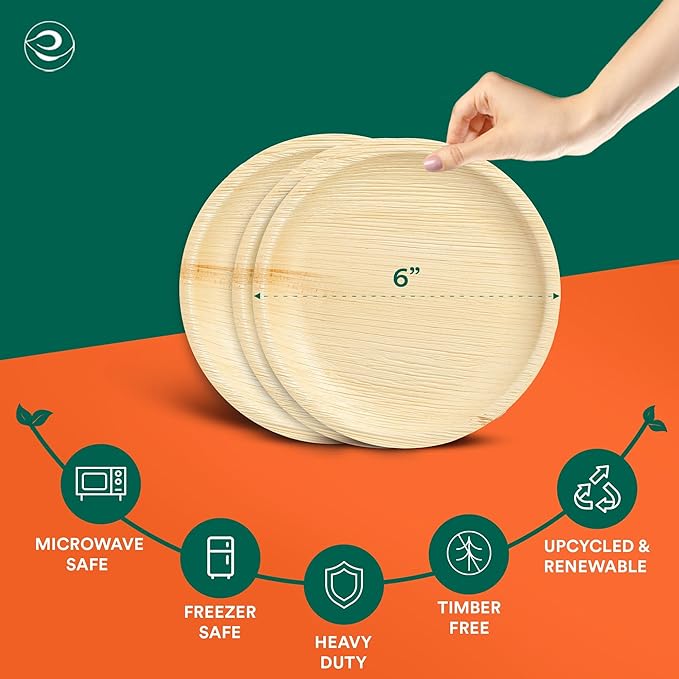 ECO SOUL Palm Leaf Plates 6" Round (100 Count) - Disposable, Eco-Friendly, Biodegradable Bamboo Appetizer Plates - Perfect Dinnerware for Parties, Weddings, Events & Holidays