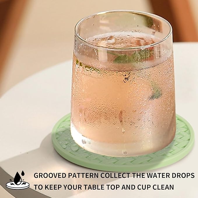 Green Silicone Coasters Set of 6 with Holder, 4 Inch Round Non-Slip Heat Resistant Waterproof Coaster, Decorative Cup Mats for Coffee Table, Home, Kitchen, Office, Bar