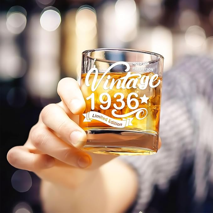 Old Fashioned Glasses-1936-Vintage 1936 old time information 10.25oz Whiskey Rocks Glass -90th Birthday Aged to Perfection - 90 years old gifts Bourbon Scotch Lowball Old Fashioned-1PACK