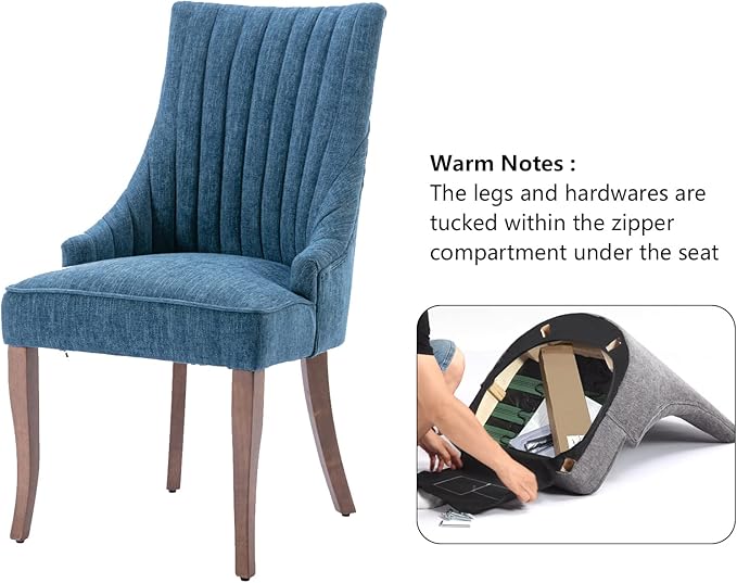 mikibama Linen Dining Chairs Set of 6 Channel Tufted Kitchen Dinner Chair Comfy Fabric Upholstered Accent Chair for Dining Room with Solid Wood Legs (Blue 6pc)