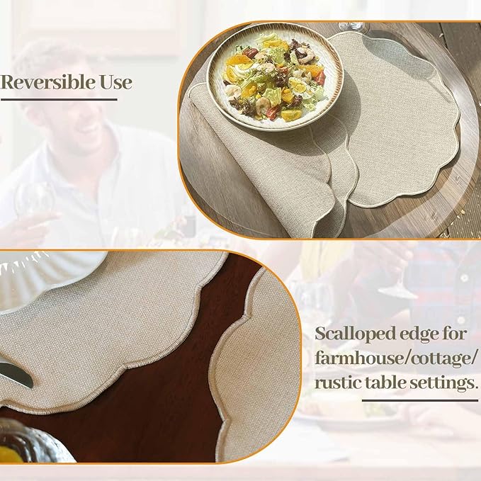AHHFSMEI Round Faux Linen Placemats Set of 8 Waterproof Table Mats Heat Resistant Non-Slip and Stain Proof for Kitchen Dining Elegant Decor (Beige,8)