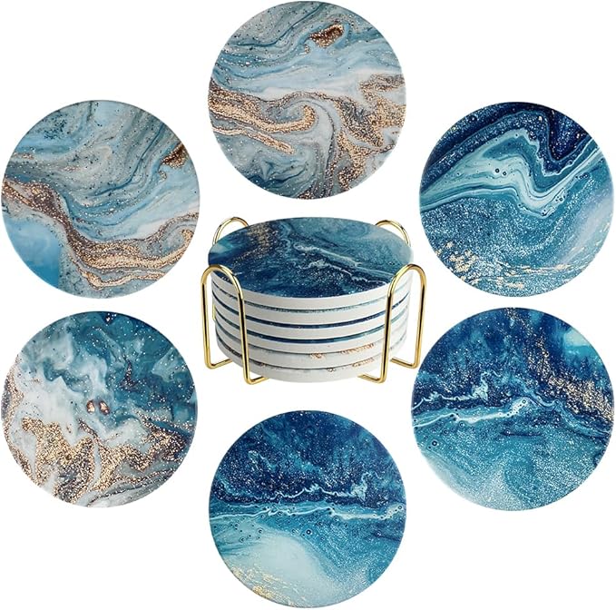 Ceramic Coasters Set of 6, Marble-Textured Design with Holder - Absorbent Cork-Backed Coasters for Cups, Bar & Coffee Table Decor Accessories (Blue Ocean, 6 Pack-Thin)
