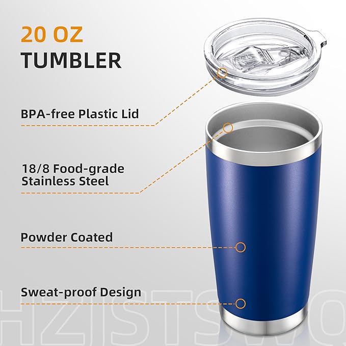 20 oz Tumbler Bulk with Lid Stainless Steel Insulated Tumblers Double Wall Vacuum Coffee Mug Powder Coated Tumbler Cups for Cold and Hot Drinks, Blue, 12 pack