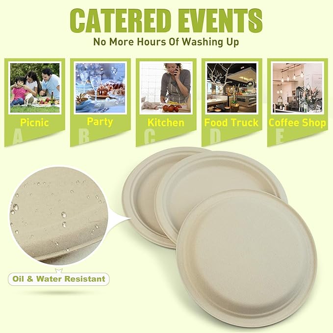Green Earth, 9-Inch, 500-Count, Compostable Plates, Natural Bamboo Fibers, Everyday Tableware - Biodegradable Disposable Round Shape Microwave-Safe Gluten-Free Eco-Friendly