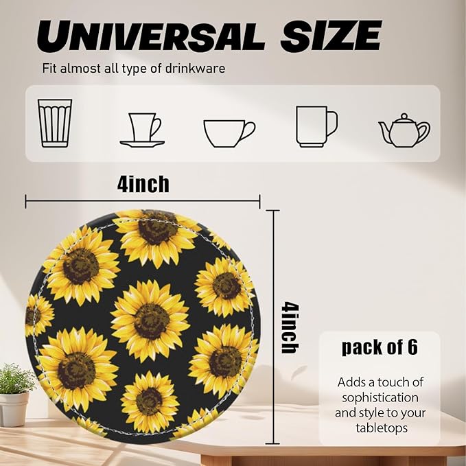 Coasters for Drinks PU Leather,Set of 6 with Holder,Round Housewarming Gift Home Decor,Sunflower On Black Background