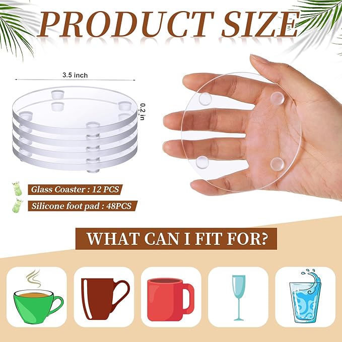 Set of 12 Clear DIY Glass Drink Coaster 3.5 Inch Crystal Coasters Decorative Glass Plates for Wedding Dining Table Picture Frame Painting DIY Crafts Home Decoration and Parties(Round)