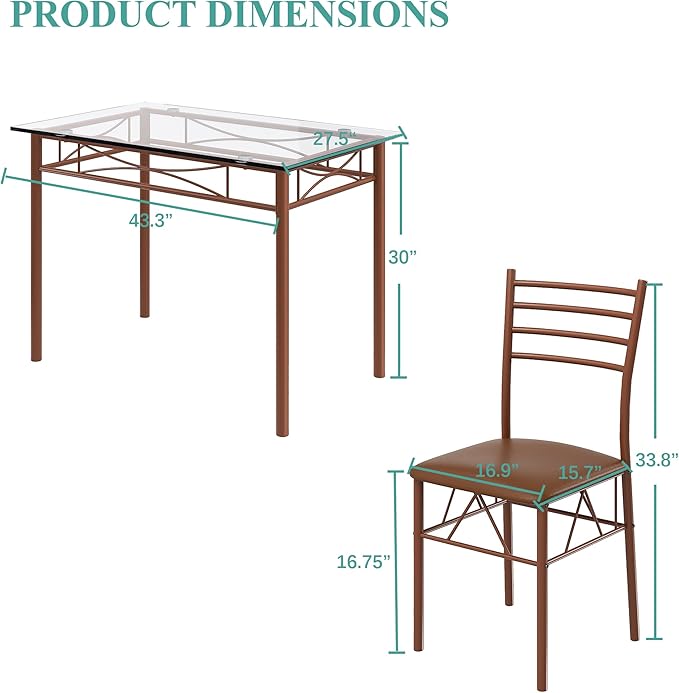 VECELO Dining Table Set for 4, 5-Piece Glass Kitchen Table with Upholstered Padded Chairs for Small Space, Breakfast Nook, Space-Saving, Vintage Brown