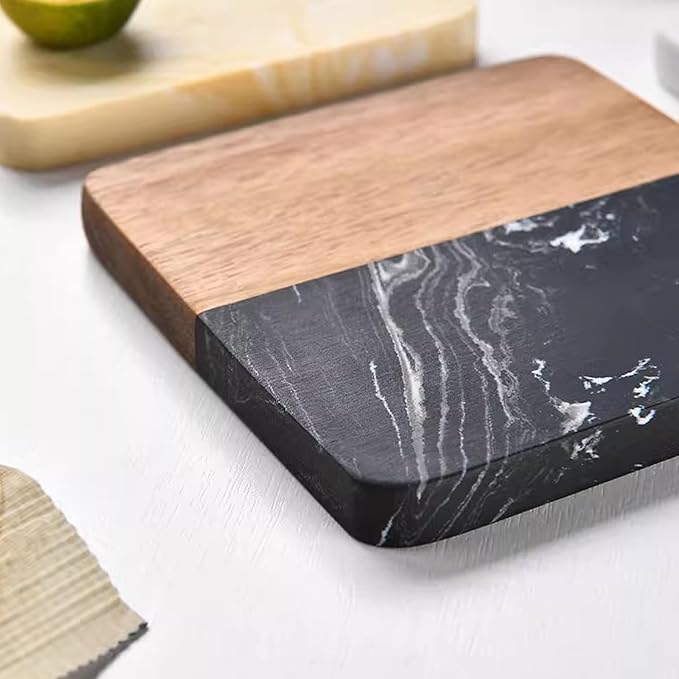 I-LAN 4 Pack Acacia Wood and Black Marble Style Coasters, 4x4 Inch Square Modern Drink Coasters Set, Decorative Mixed Material Coasters for Coffee Table, Bar, and Housewarming Gift