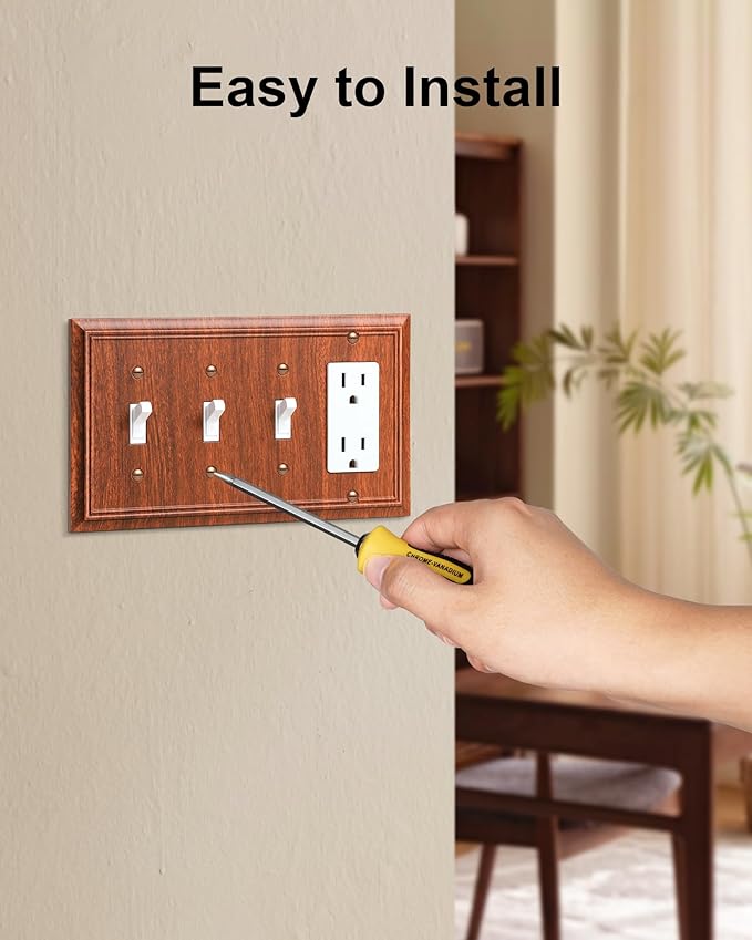 2-Pack Combo Tripple Toggle/Decorator Outlet Cover Plate, Wood Grain Decorative Switch Plates and Outlet Covers, Durable Natural Bamboo Fiber Wall Plates for Electrical Outlet, Receptacle, GFCI Outlet
