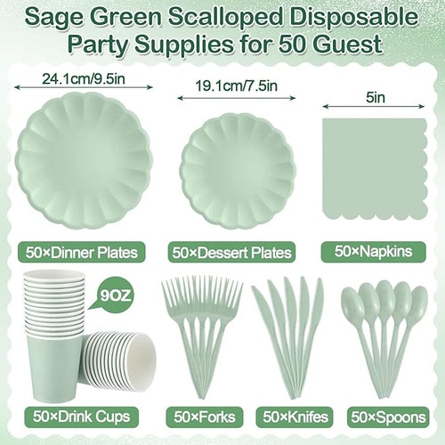 350 Pcs Light Green Scalloped Paper Plates Shell Edge Disposable Tableware Cocktail Napkins Cups Plastic Spoons Forks Knives for Wedding Baby Shower Picnic Birthday Party Supply for 50 Guests