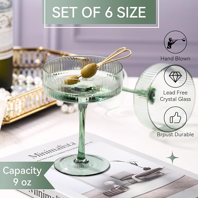 Green 9 oz Vintage Art Deco Coupe Glasses Set of 6 Ribbed martini Glasses |Vintage Cocktail Glasses Set,Unique Colored Coupe Glass, Classic Cocktail Glassware
