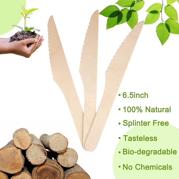 100 Pack Disposable Knives - 6.5 Inch Length Wooden Cutlery - Biodegradable Silverware For Catering Formal Events, Parties, BBQ, Picnic, Camping, Travels, Weddings, Dinner And All Other Occasions