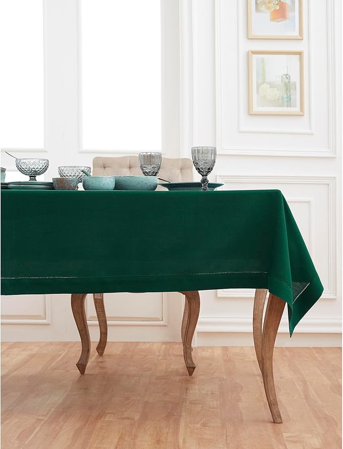 Solino Home Linen Tablecloth for Rectangle Tables 54 x 72 Inch - Classic Hemstitch 100% Pure Linen Rainforest Green Table Cloth - Machine Washable Cloth Tablecloth for St Patricks Day