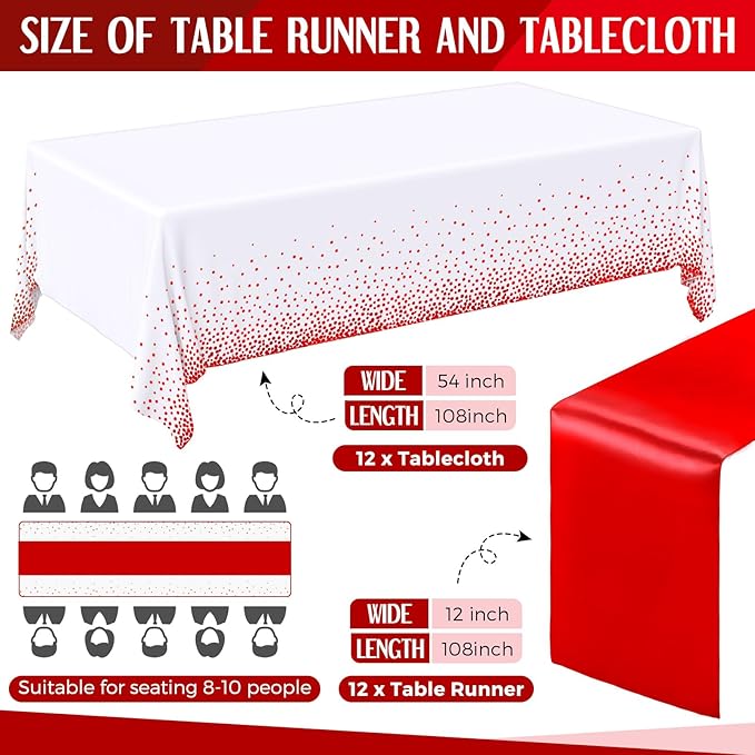 Breling 24 Pack White and Red Disposable Plastic Tablecloths and Satin Table Runner Set, 54 x 108 Inch Tablecloth, 12 x 108 Inch Table Runners for Wedding Graduation Birthday Baby Shower