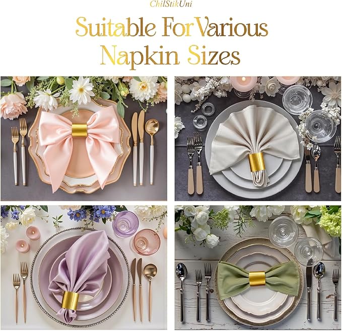 Christmas Napkin Rings Set of 100, 2 Colors in 1, Reusable Adjustable Napkin Bands for Holiday Parties, Wedding, Thanksgiving Table Decor, Waterproof Tear-Proof (Brushed Gold) Great Gift Idea