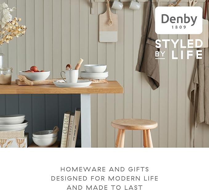Denby - Elements Stone White Coupe Dinner Plates Set of 6 - Dishwasher Microwave Oven Safe - Scratch Chip Resistant - Large Ceramic Stoneware Dinnerware Plates Set