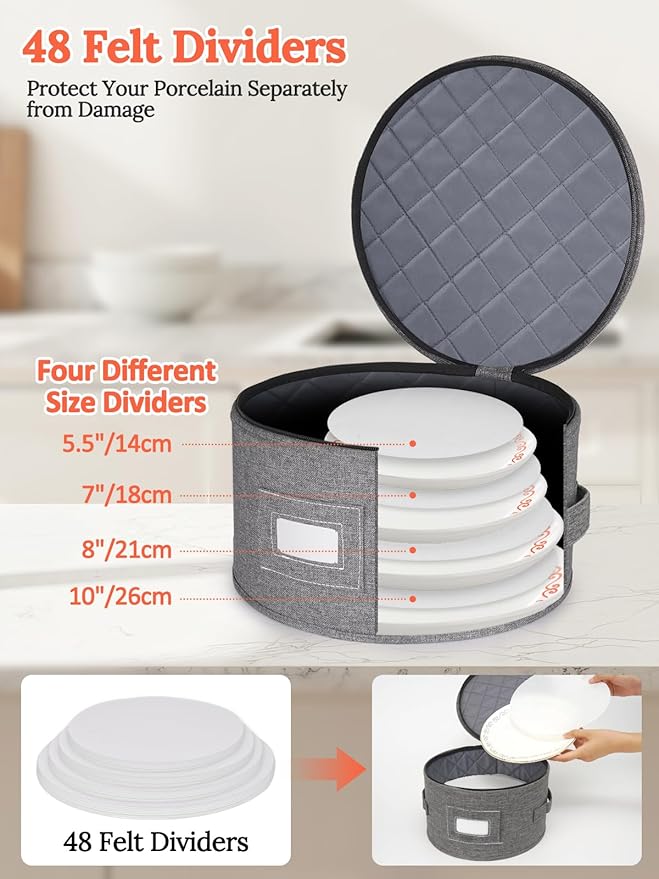 Cirhy Hard Shell Plate Storage Containers 4-Piece Set - Reinforced Hard-Sided Moving Boxes for Dinner Plates, Bowls & Saucers - Stackable Dish Packing Protectors with 48 Felt Dividers
