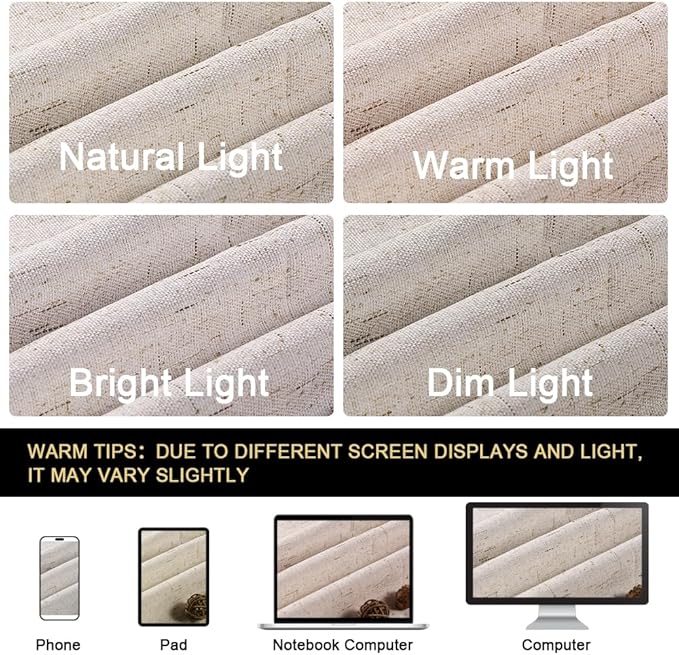 PrinceDeco 100% Black Out Curtains 64 inch Long 2 Panels for Bedroom Anti-Rust Grommet Thermal Insulated Flax Textured Full Blackout Window Draperies with White Liners,Set of 2,W42 X L64,Natural