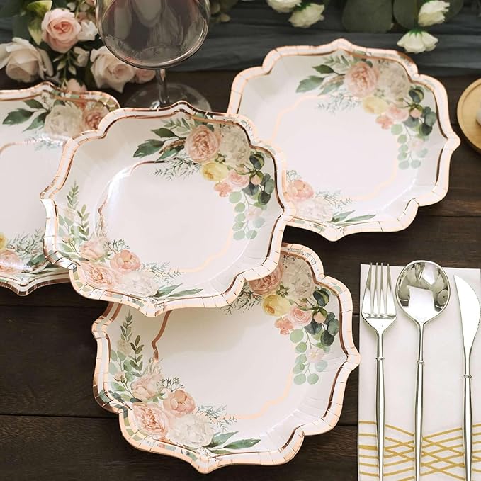 50 Pack 8" White/Rose Gold Floral Print Scallop Rim Dessert Plates, Disposable Round Paper Appetizer Salad Plates 300 GSM for Party Decoration