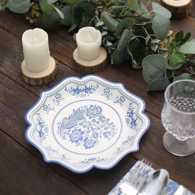 50 Pack 8" Light Blue French Toile Dessert Plates, Disposable Round Paper Floral Pattern Appetizer Salad Plates 300 GSM for Party Decoration