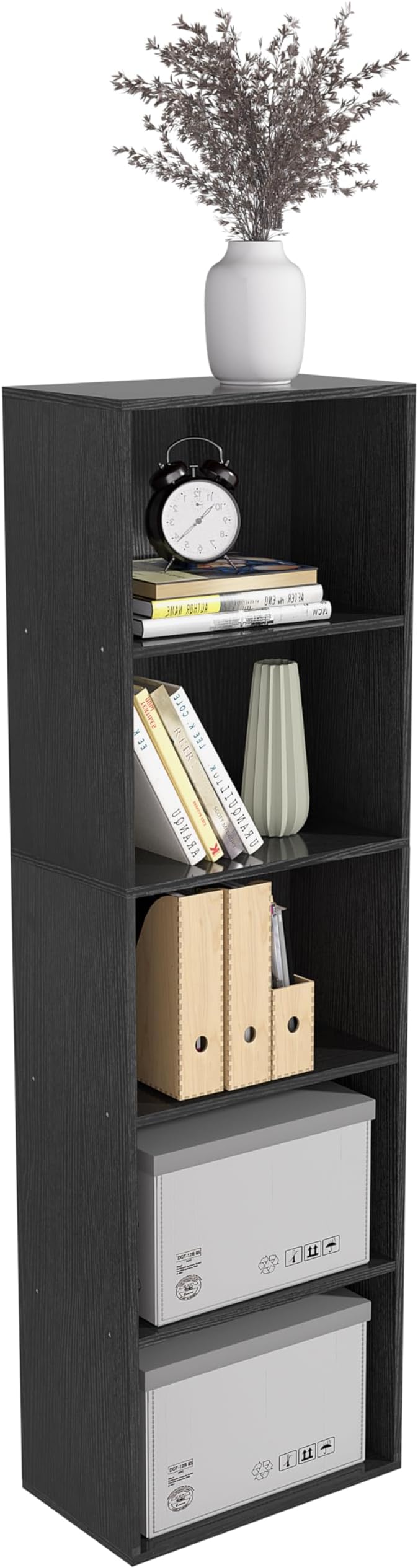 Wooden 5 Cube Storage Organizer, Black 5 Tier Bookcase Bookshelf Freestanding Storage Display Organizer, Versatile Cubes Open Shelf and Cubby Unit for Living Room, Home Office, Dinning Room 15.7inch