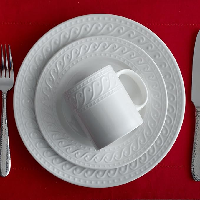 Pfaltzgraff Sylvia 32-Piece White Dinnerware Set, Service for 8, Durable Stoneware Plates, Bowls, and Mugs, Microwave and Dishwasher Safe
