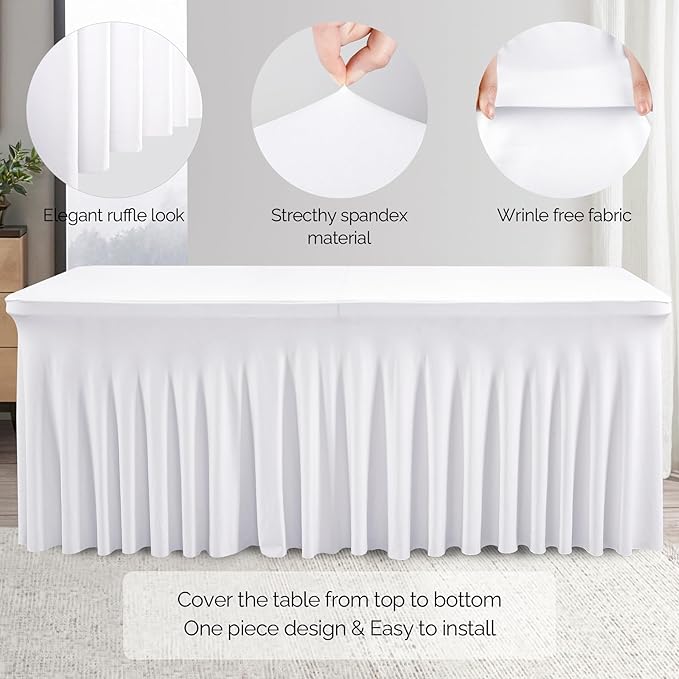 Wish Care 6 Pack White Spandex Table Clothes for 4 Foot Rectangle Tables, 4FT Wrinkle Free Fitted Tablecloths Ruffles Design Table Cover for Party, Banquet, Wedding and Events