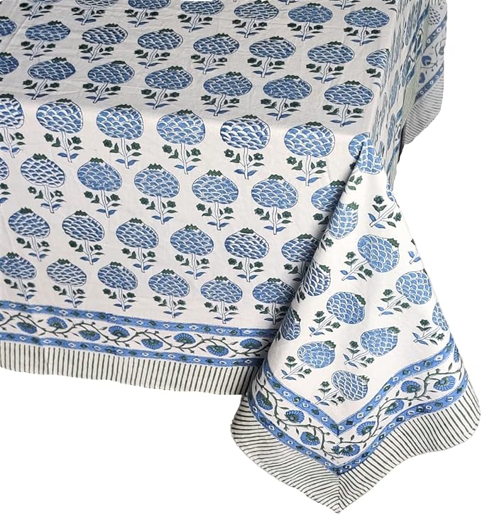 ATOSII Roma Blue 100% Cotton Boho Rectangle Fall Tablecloth, Handblock Floral Print Table Cloth Linen for Kitchen Dining I Parties, Outdoors, Weddings, Christmas, Thanksgiving Decor 60 X 90 Inches