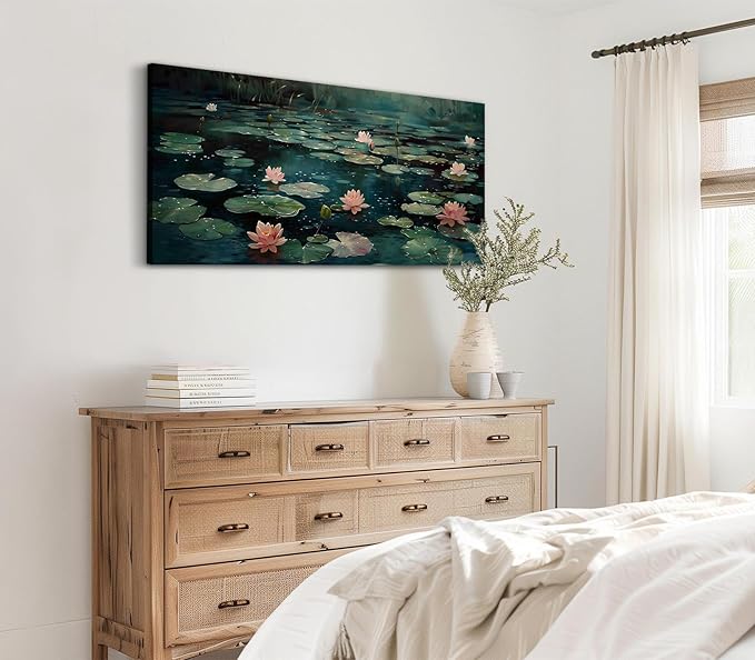 ADJUVANT Wall Art Impressionist Water Lily Pond 48" L x 24" W, Pink Lotus Flowers on Dark Blue Water Canvas Painting Nature Artwork Prints Wall Decor for Living Room Bedroom Bathroom Home Office