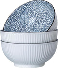 60 oz Large Soup Bowls, Pho Bowls, 8 Inch Blue and White Ceramic Japanese Ramen Bowls Set of 3 - Leaf Pattern