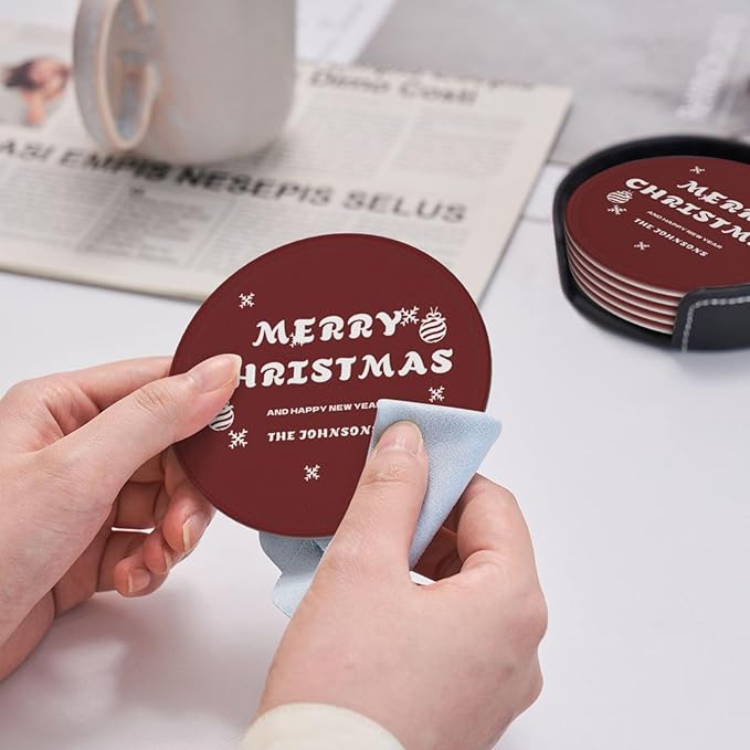 Customize PU Leather Coasters for Men, Red Custom Coasters with Last Name, Merry Christmas and Happy New Year Personalized Drink Coaster 6 PCS, Coaster Set with Holder, Gift for Christmas