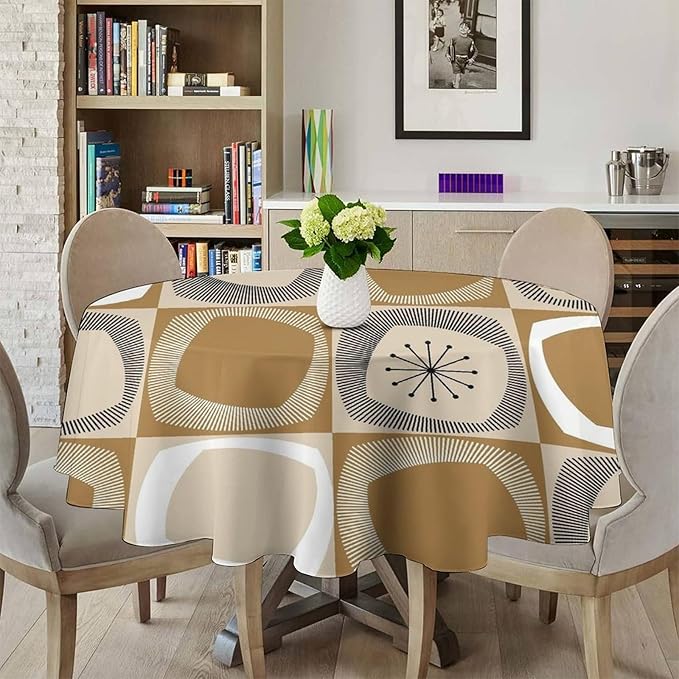 Mid Century Round Tablecloth, Retro Geometric Colorful Squares Abstract Boho Vintage 50s 60s Tablecloth for Home Party Dining Room Kitchen Decor 60Inch(152cm)