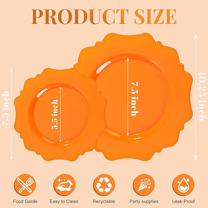 COLOSUS 60 pcs Orange Plastic Plates -Thanksgiving Plastic Plates for Party include 30 Dinner Plate and 30 Dessert/Salad Plate for Wedding,Party,Anniversary,Daily Use