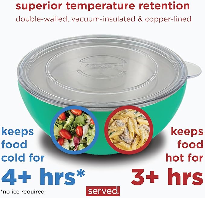 served Large Insulated Serving Bowl with Lid (100oz/3QT) - Double-Walled Stainless Steel Bowl for Hot & Cold Food - Vacuum Insulated, Spill-Resistant Thermal Bowl for Parties, Casseroles, Tailgates