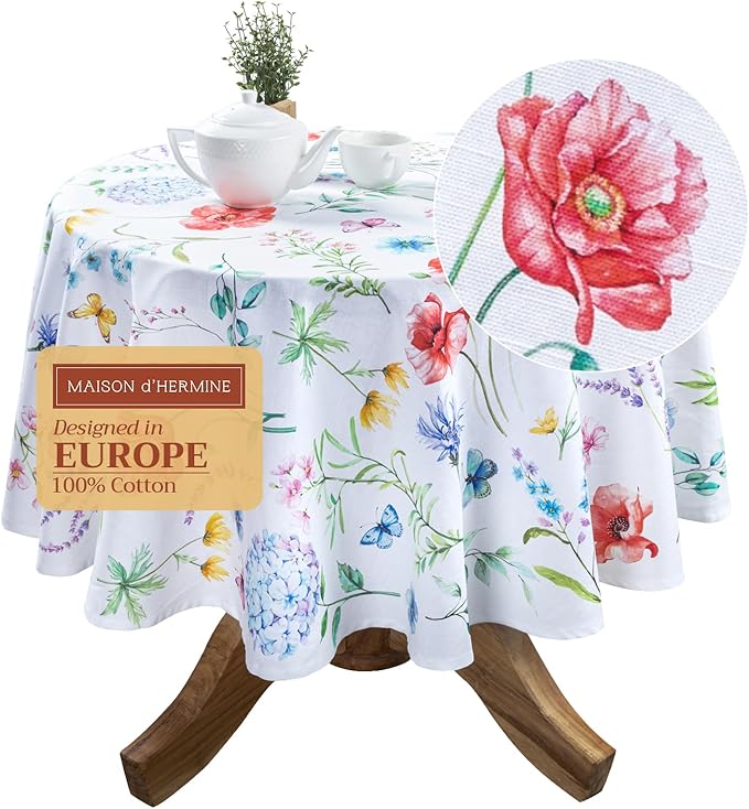 Maison d' Hermine Table Cloth Round Table 100% Cotton 69 Round Inches Tablecloth Reusable Decorative for Dining Room Farmhouse Home Valentines Day Decorations Spring Summer - Just Floral
