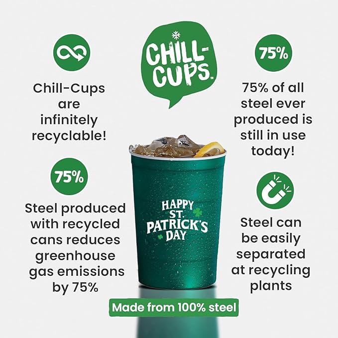 16 oz. Party Cups 'St. Patrick's Day' Clover Design for Cold Drinks, Durable, Disposable, Recyclable, Made in USA, Green, 12 Count