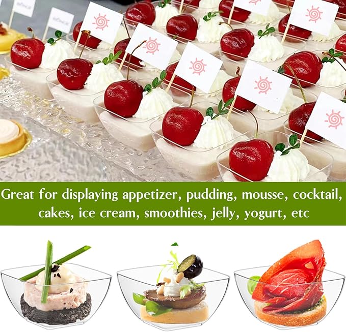 TOFLEN 100ct 2 oz Mini Dessert Cups with Spoons, Clear Plastic Reusable Small Party Serving Cups for Appetizers, Hors D'oeuvres Plates