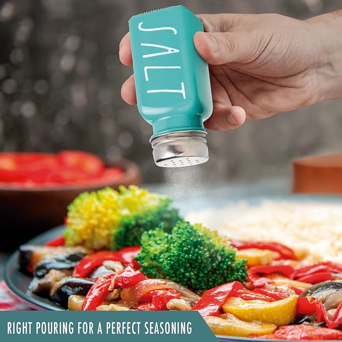Turquoise Salt and Pepper Shakers Set, a cute teal premium glass shakers with holder and stainless steel lids, perfect for adding a modern kitchen decor charm, great as a gift.