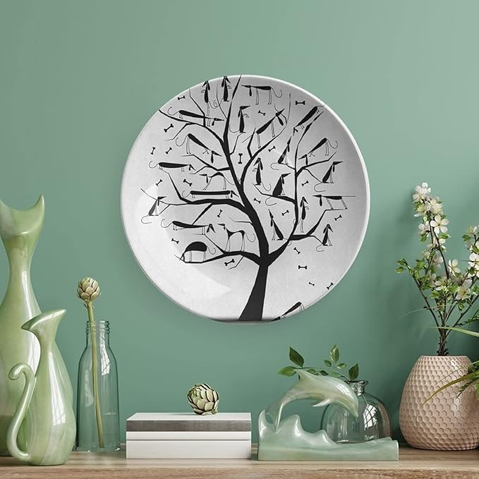 Decorative Plates, Abstract Print Ornament, Monochrome Autumn Season Tree with Dog on The Branches, 10 Inch, 1 Plate with 1 Display Stand, Black and White