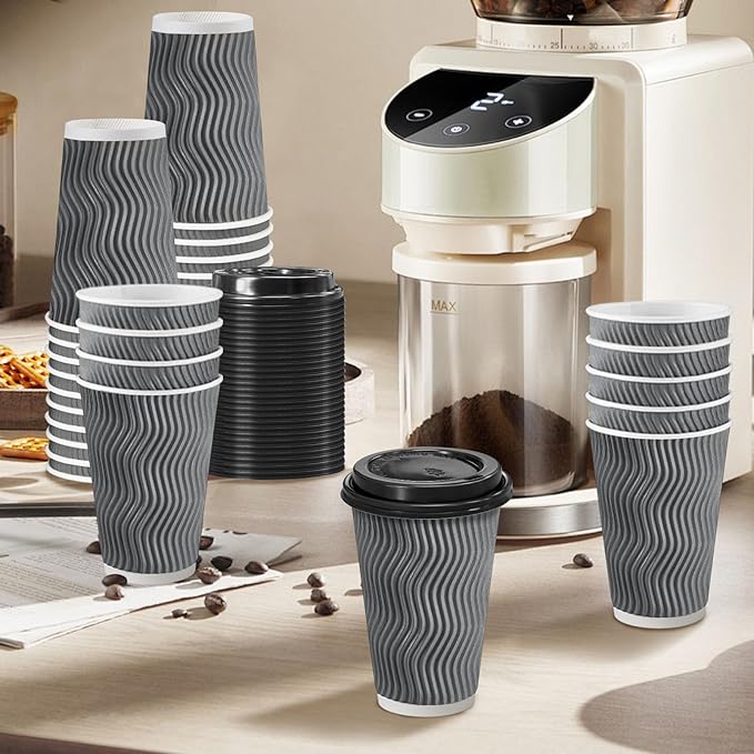 100 Pack 16 oz Disposable Coffee Cups with Lids, Insulated Ripple Wall To-Go Paper Coffee Cups Suitable for Chocolate Cocoa and Hot/Cold Drinks (Grey)