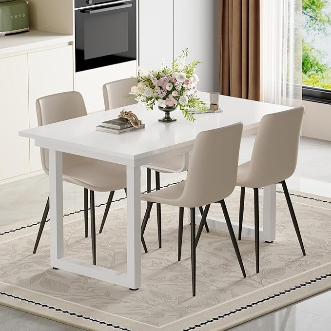 Extendable Dining Table Set for 6, 55"–71" Modern White Kitchen Table with 6 Upholstered Chairs, Space-Saving for Living Room Apartment, Sturdy & Comfortable, Easy Assembly