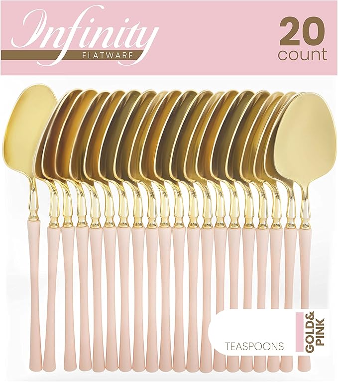 PlasticPro 20 Count Gold and Pink Plastic Tea Spoons Premium Quality Heavy Duty Disposable Elegant Silverware Two Tone Tea Spoons for Party
